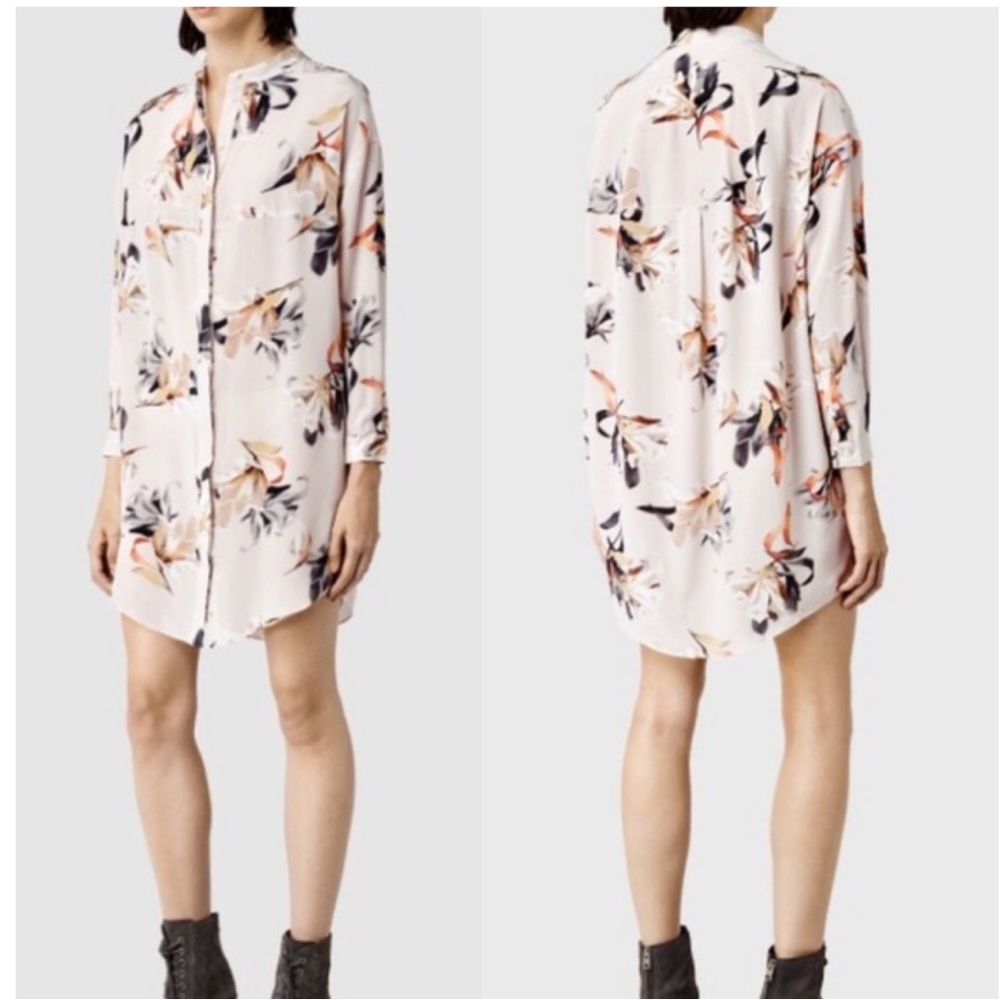 All Saints Pink and Orange Long Sleeve Shirt Dress